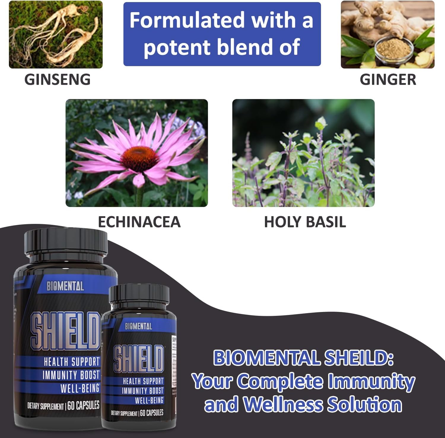 Plant-Based Biomental Immune Support Capsules with Ginseng, Ginger, Echinacea, & Holy Basil for Immunity Boost & Health Support - 60 Capsules