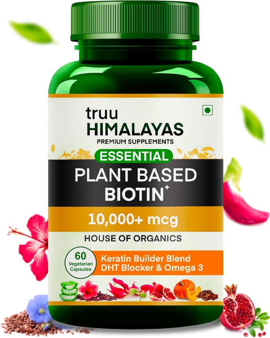 Plant Based Biotin 10000mcg with DHT Blocker, Keratin & Omega 3 - Hair Growth Supplement for Men & Women - Ayurvedic Nutrients - 60 Capsules