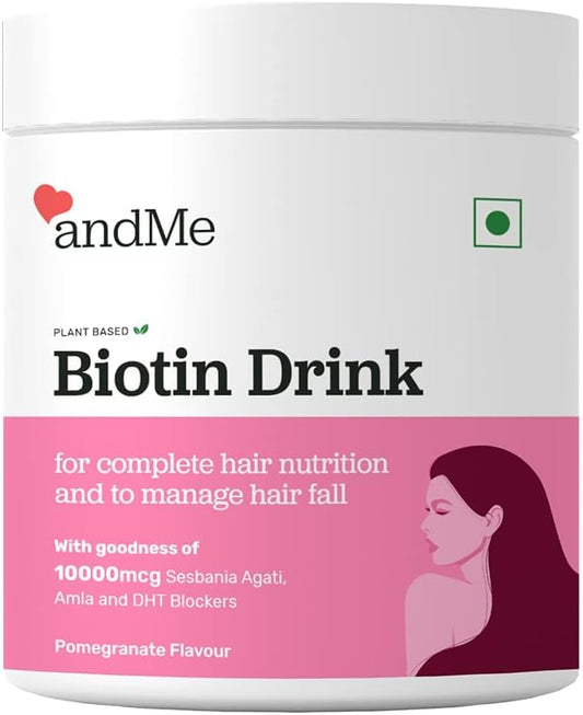 Plant-Based Biotin Powder with Herbal Extracts for Hair Growth, Vegan Formula with Omega-3 and Amino Acids, DHT Blocker - Pomegranate Flavour (150g)