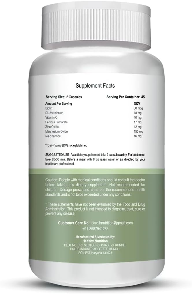 Plant Based Biotin with Keratin Supplement for Hair Growth and Healthy Skin & Nails - 90 Capsules