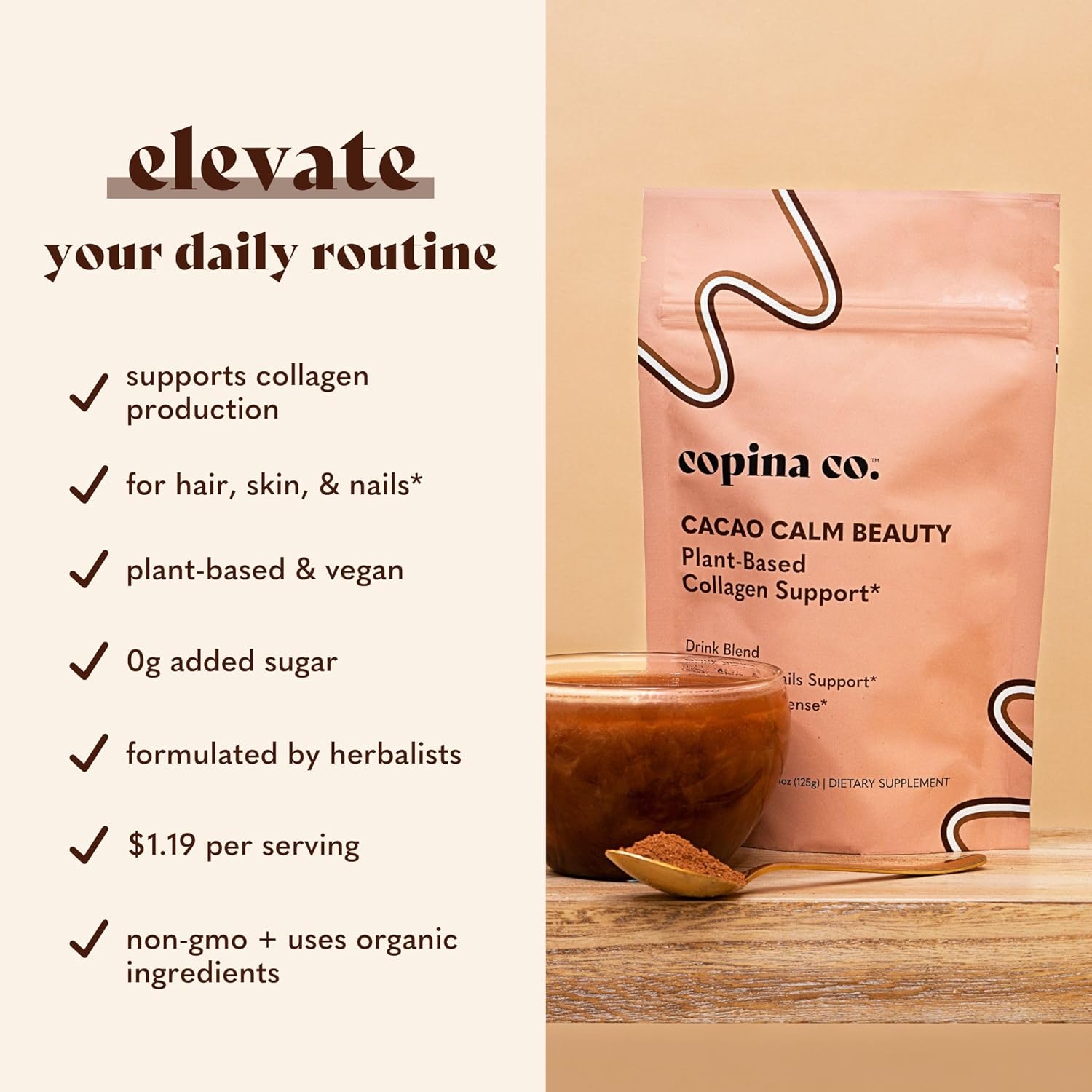 Plant-Based Cacao Beauty Collagen Booster Smoothie Drink Blend - Vegan Creamy Blend with Cacao Flavor - 25 Servings