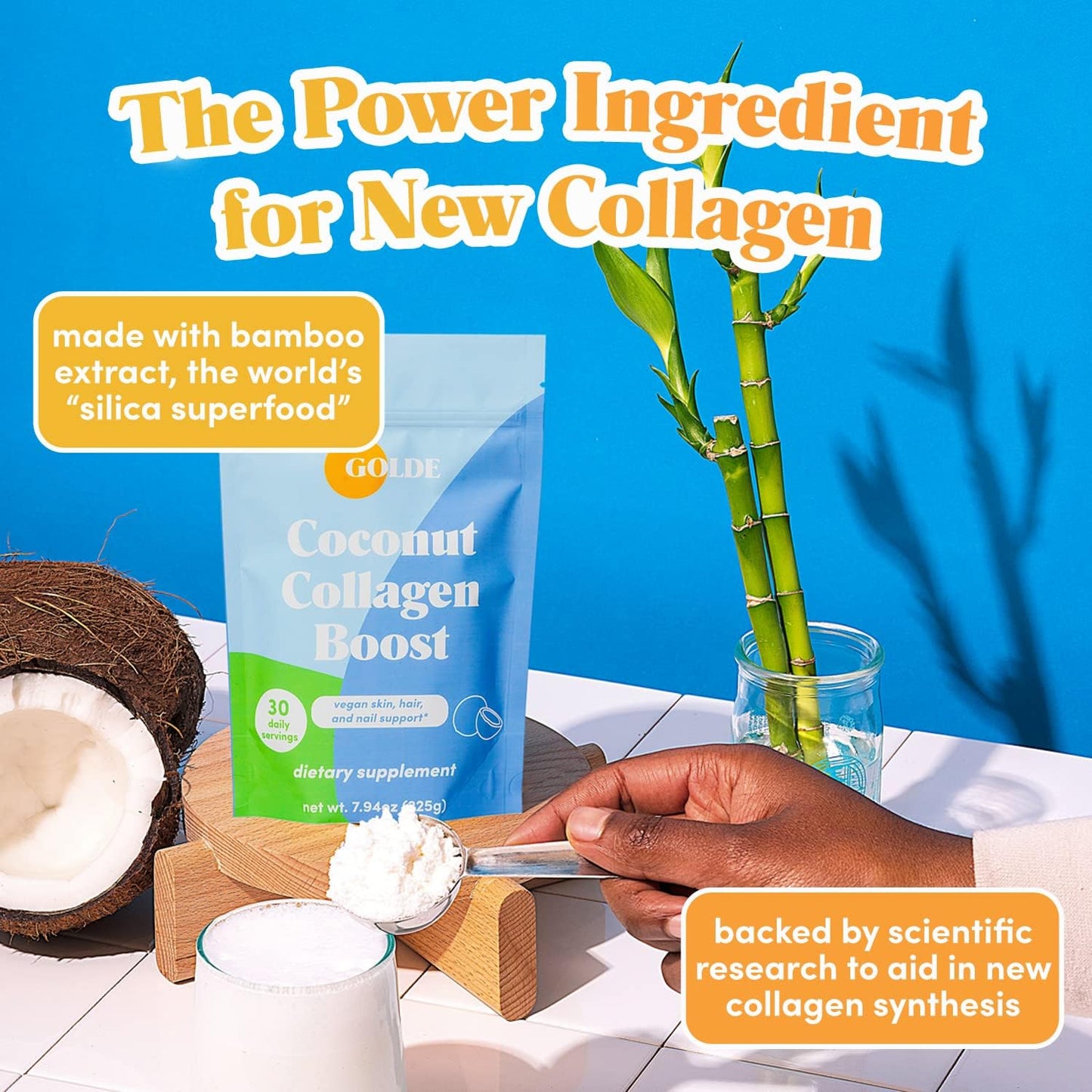 Plant-Based Collagen Boost Vegan Creamer with Hyaluronic Acid, Biotin, & Bamboo Extract for Hair, Skin, Nail Health - 30 Servings