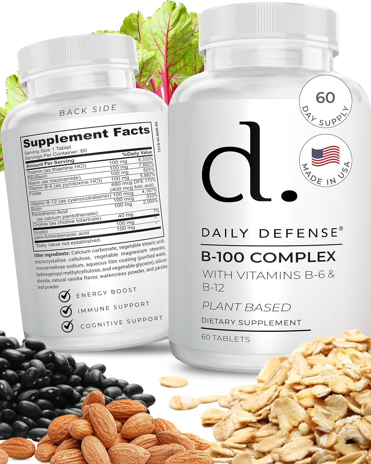 Plant Based Daily B-100 Complex Vitamins for Men & Women - Immune & Cognitive Support Supplements - 60 Tablets