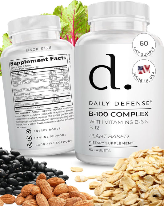 Plant Based Daily B-100 Complex Vitamins for Men & Women - Immune & Cognitive Support Supplements - 60 Tablets