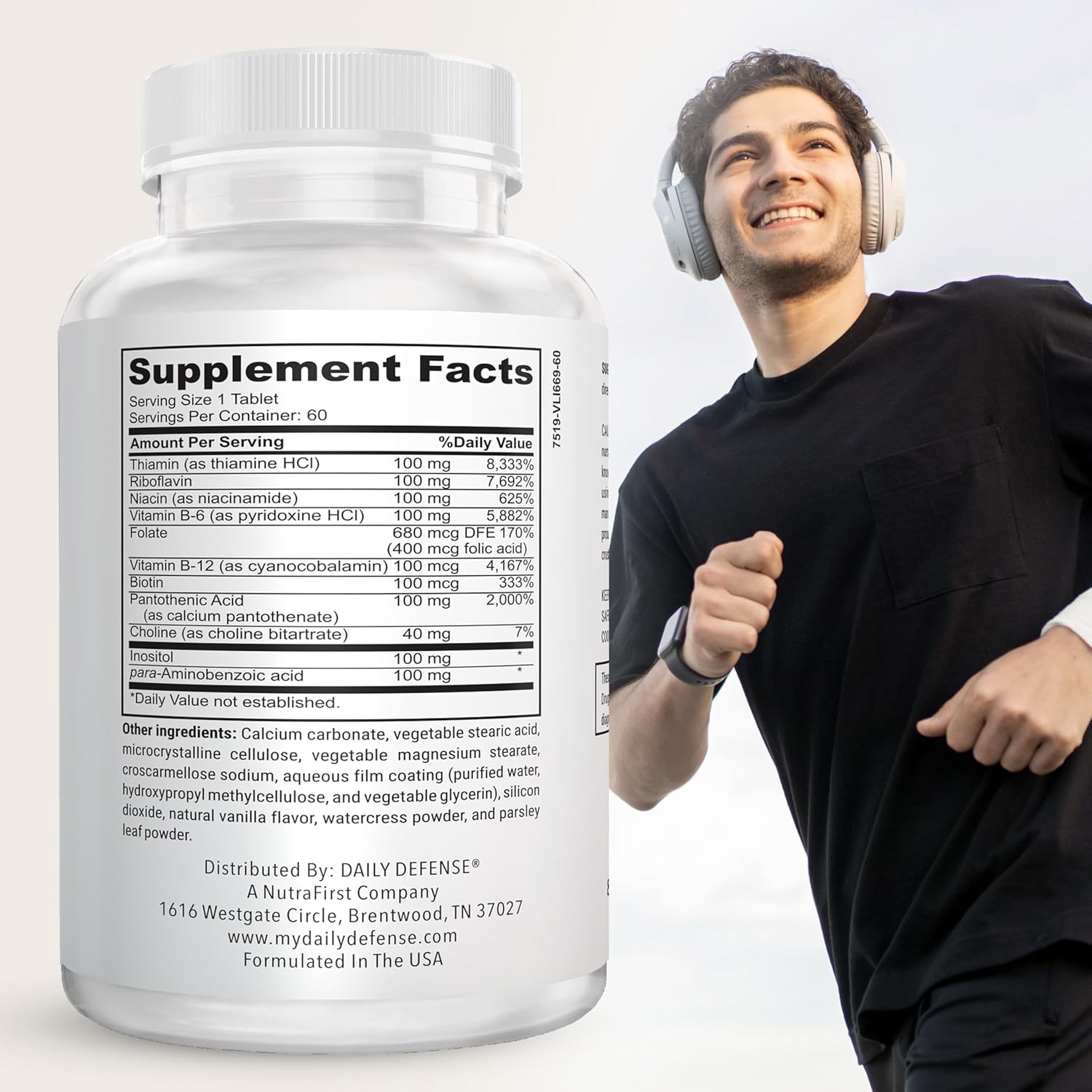 Plant Based Daily B-100 Complex Vitamins for Men & Women - Immune & Cognitive Support Supplements - 60 Tablets