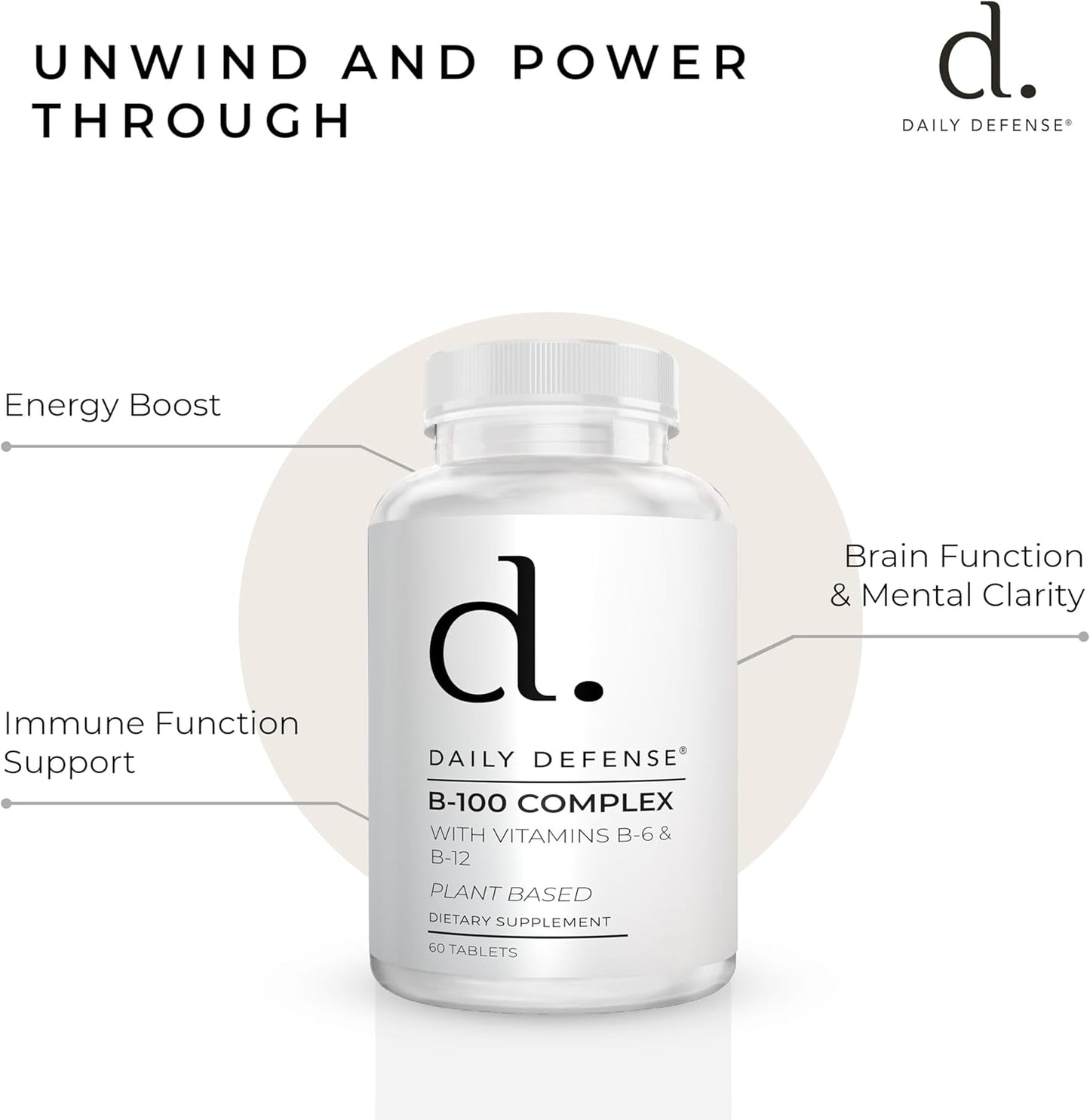 Plant Based Daily B-100 Complex Vitamins for Men & Women - Immune & Cognitive Support Supplements - 60 Tablets