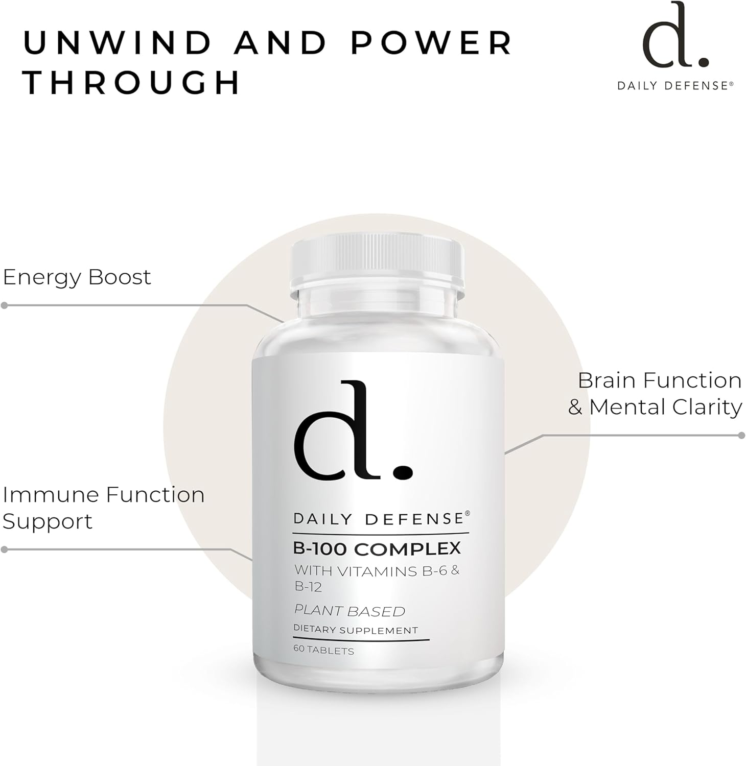 Plant Based Daily B-100 Complex Vitamins for Men & Women - Immune & Cognitive Support Supplements - 60 Tablets