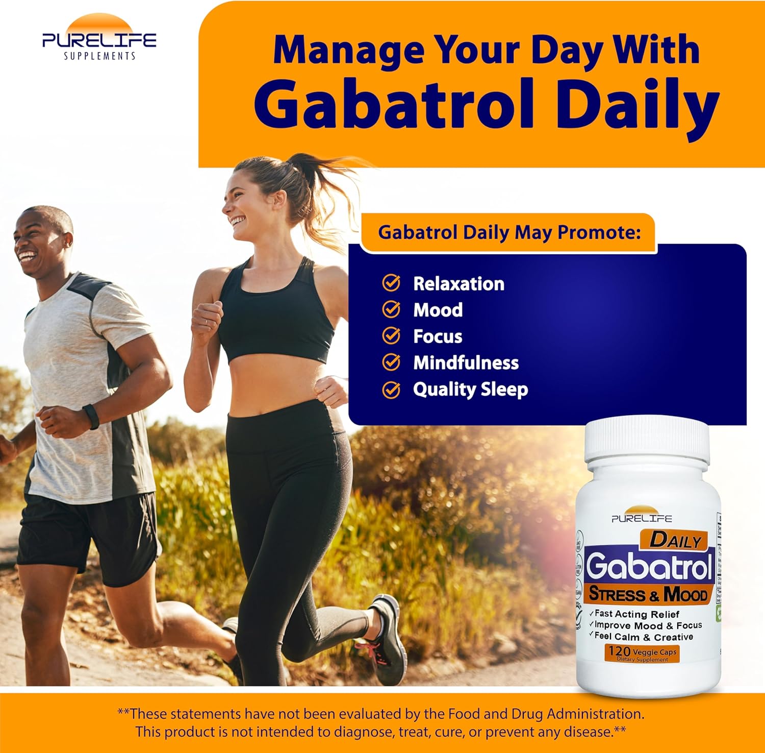 Plant Based GABA Supplement - PureLife Supplements Gabatrol Daily, 120 Veggie Caps, Vegetarian and Vegan Friendly