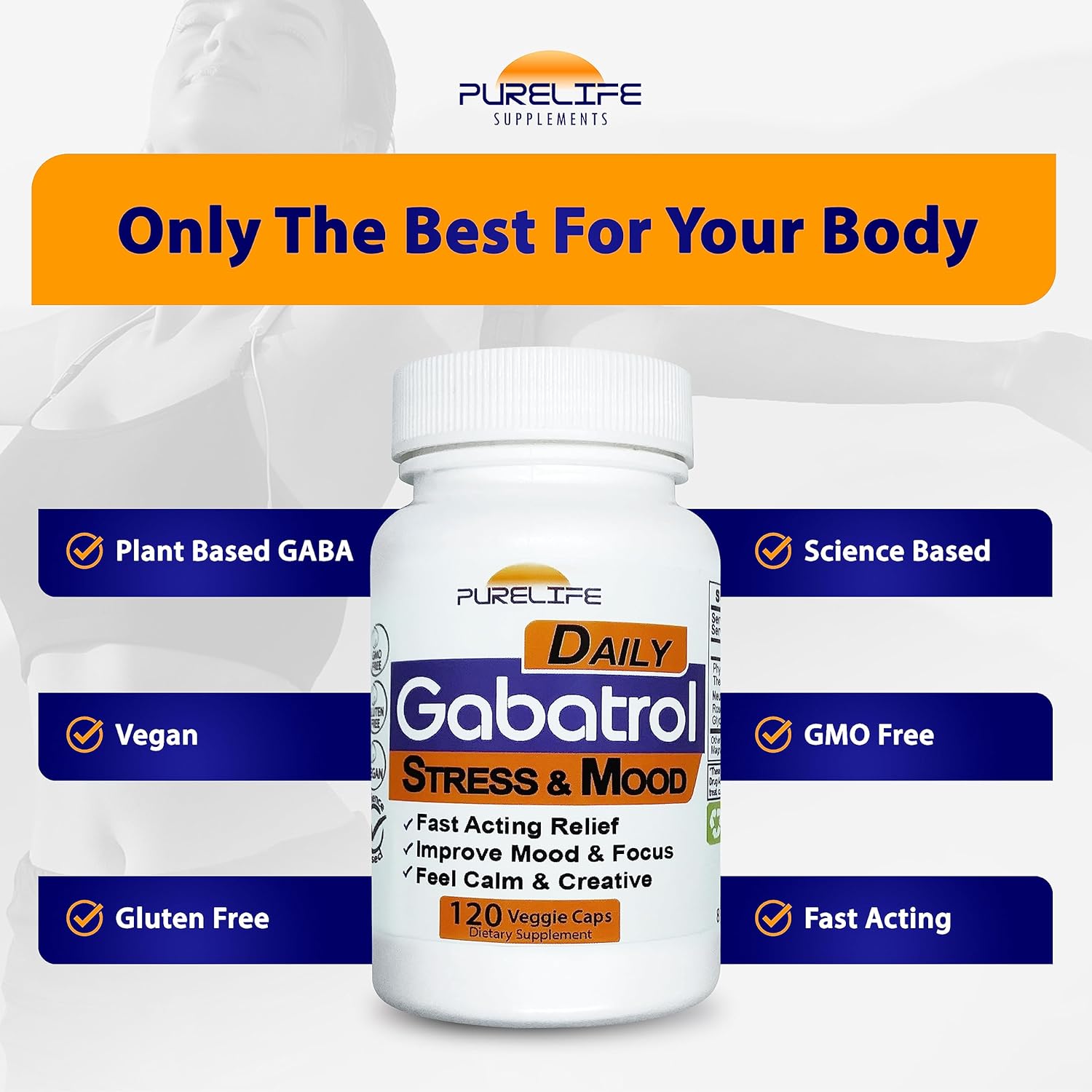 Plant Based GABA Supplement - PureLife Supplements Gabatrol Daily, 120 Veggie Caps, Vegetarian and Vegan Friendly