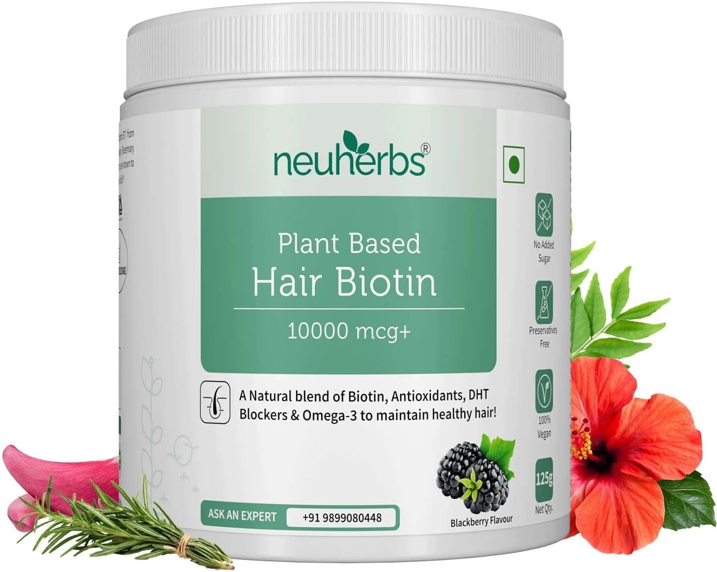 Plant Based Hair Biotin Supplement with DHT-Blocker & Omega-3 for Hair Growth - 10000mcg - Sesbania, Hibiscus, Rosemary Extract, Black Pepper - Hair Fall Control - 125g