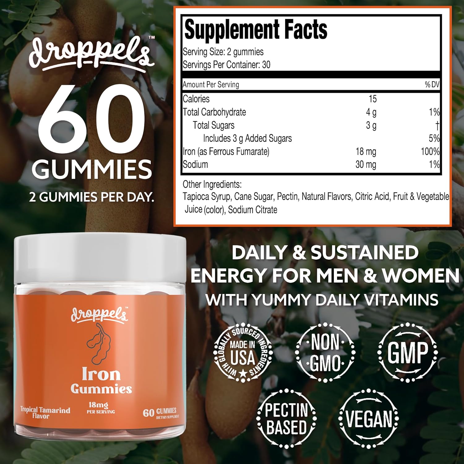 Plant-Based Iron Gummies, 18mg – Vegan Iron Supplement for Women and Men | Pectin-Based Iron Vitamin | 60 Count, Tropical Tamarind Flavor