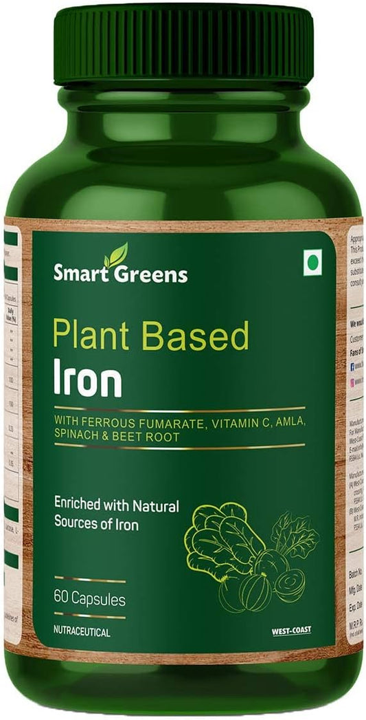 Plant Based Iron Supplement with Ferrous Fumarate, Vitamin C, Spinach & Beet Root - 60 Capsules
