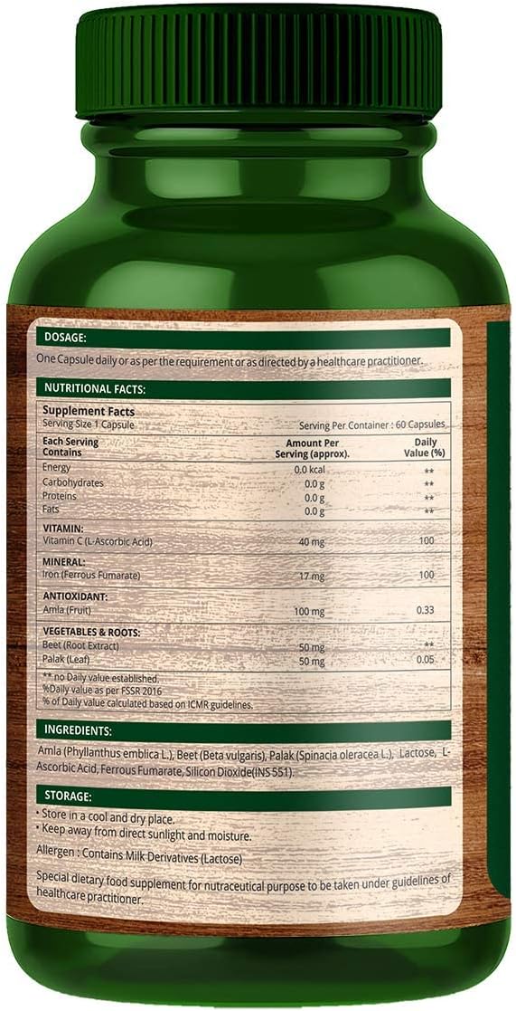 Plant Based Iron Supplement with Ferrous Fumarate, Vitamin C, Spinach & Beet Root - 60 Capsules