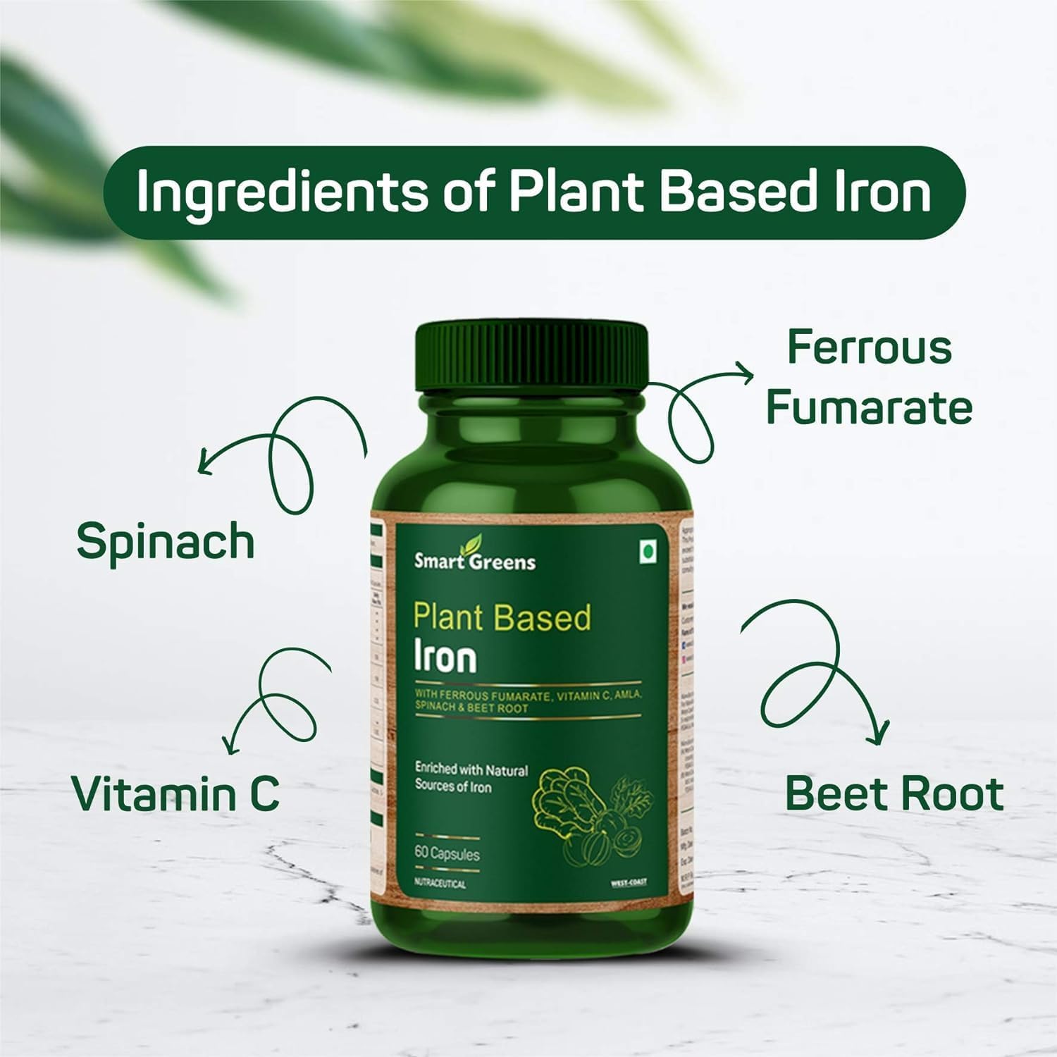 Plant Based Iron Supplement with Ferrous Fumarate, Vitamin C, Spinach & Beet Root - 60 Capsules