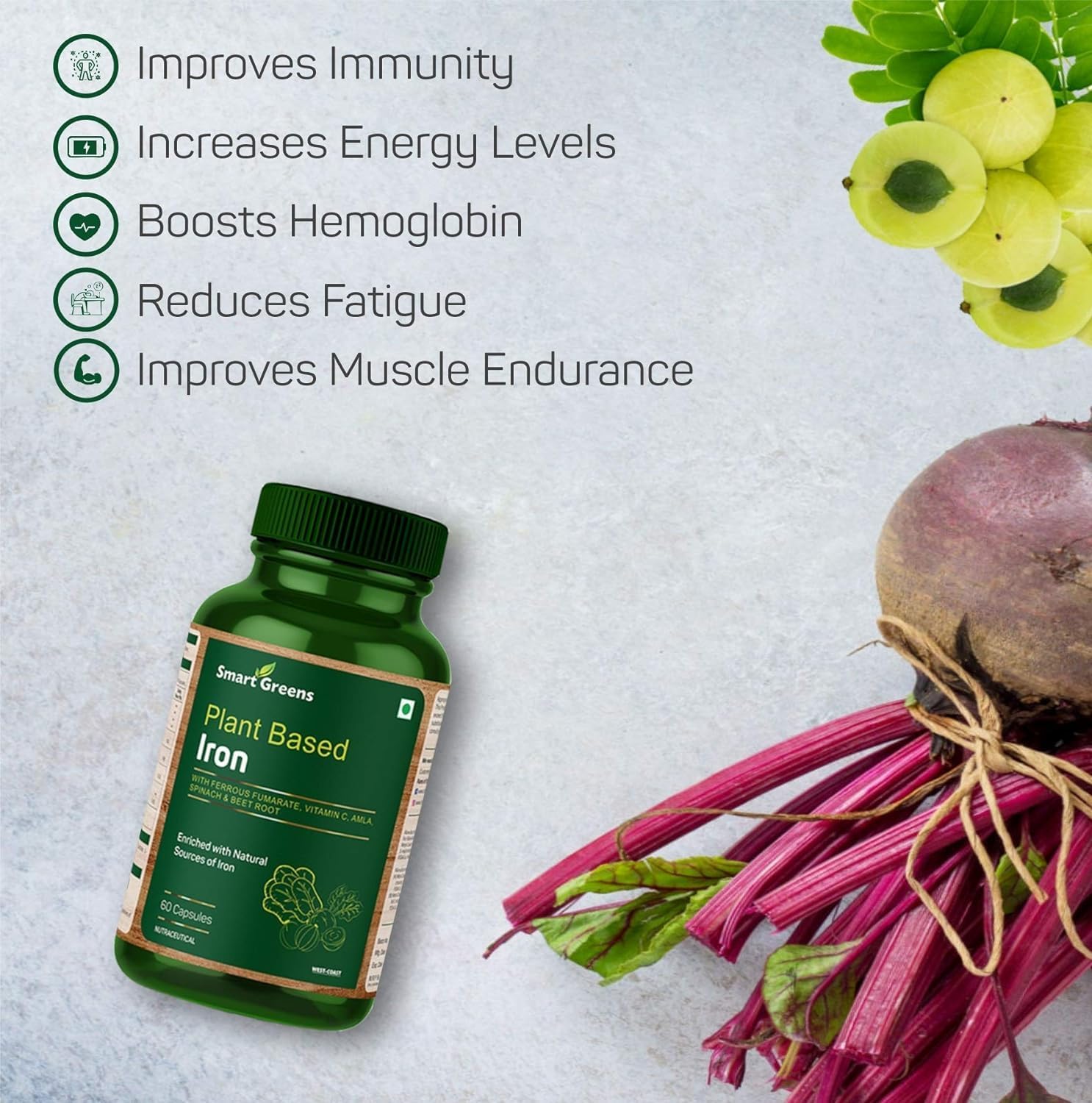 Plant Based Iron Supplement with Ferrous Fumarate, Vitamin C, Spinach & Beet Root - 60 Capsules
