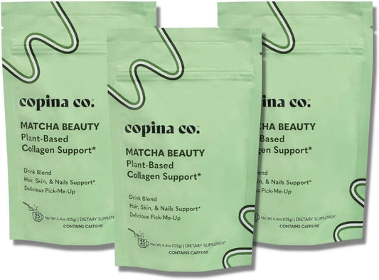 Plant-Based Matcha Beauty Vegan Collagen Booster Drink Blend by Copina Co - Creamy Smoothie with Matcha Flavor | 3 Bags, 25 Servings Each