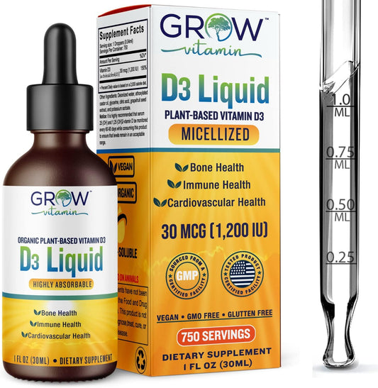 Plant-Based Micellized D3 Liquid for Children, Infants & Adults - 1200 IU - Highly Absorbable - Water Soluble - Bone, Cardiovascular, & Immune Health - 750 Servings