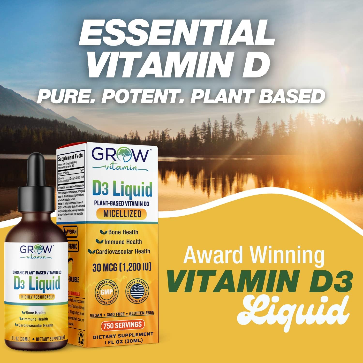 Plant-Based Micellized D3 Liquid for Children, Infants & Adults - 1200 IU - Highly Absorbable - Water Soluble - Bone, Cardiovascular, & Immune Health - 750 Servings