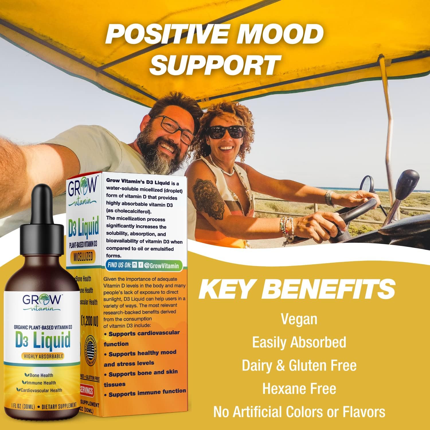 Plant-Based Micellized D3 Liquid for Children, Infants & Adults - 1200 IU - Highly Absorbable - Water Soluble - Bone, Cardiovascular, & Immune Health - 750 Servings