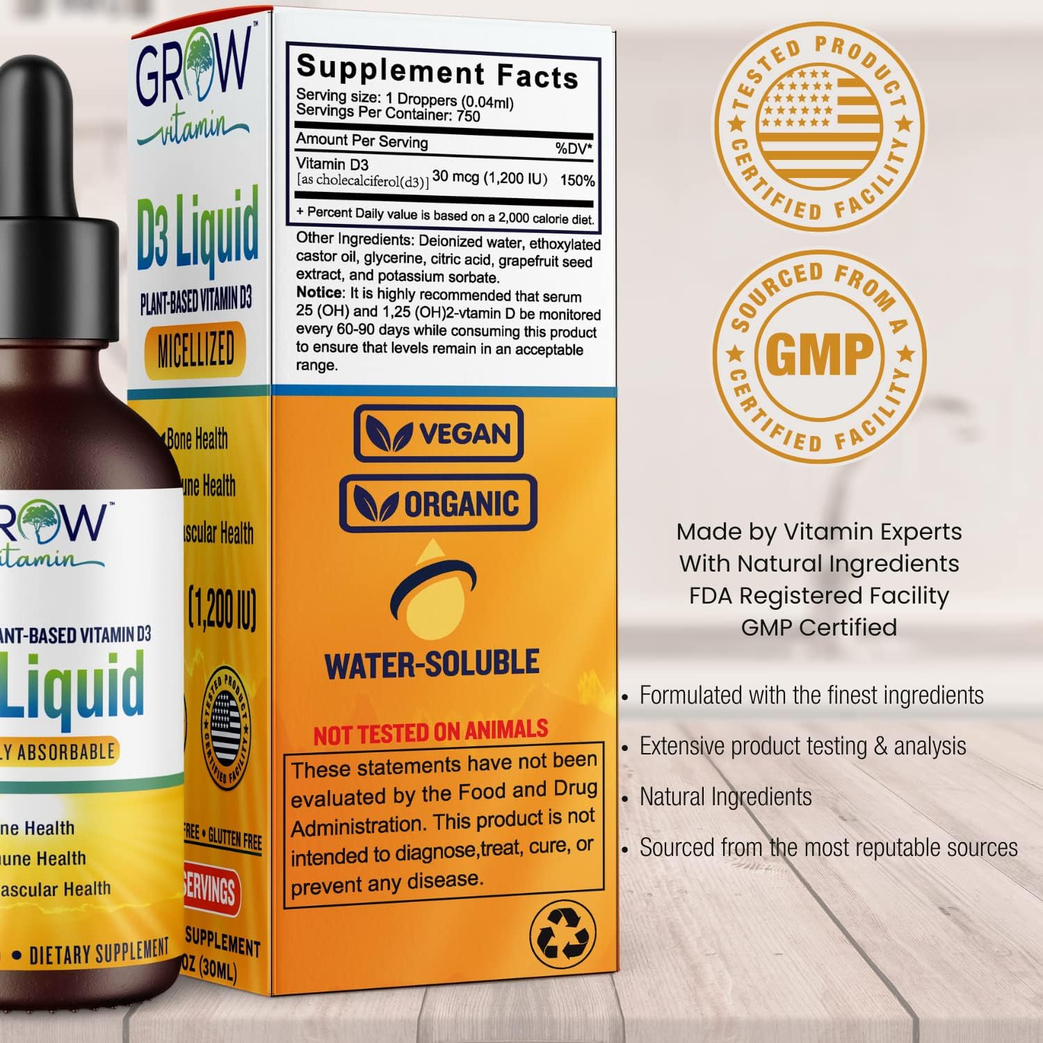 Plant-Based Micellized D3 Liquid for Children, Infants & Adults - 1200 IU - Highly Absorbable - Water Soluble - Bone, Cardiovascular, & Immune Health - 750 Servings