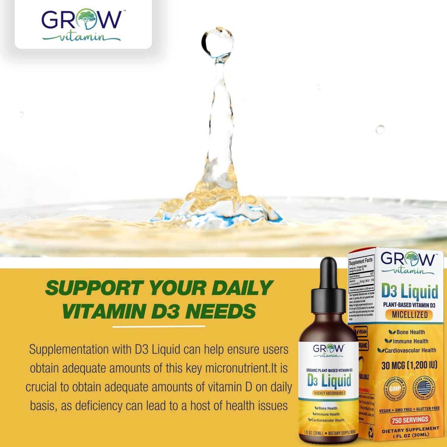 Plant-Based Micellized D3 Liquid for Children, Infants & Adults - 1200 IU - Highly Absorbable - Water Soluble - Bone, Cardiovascular, & Immune Health - 750 Servings