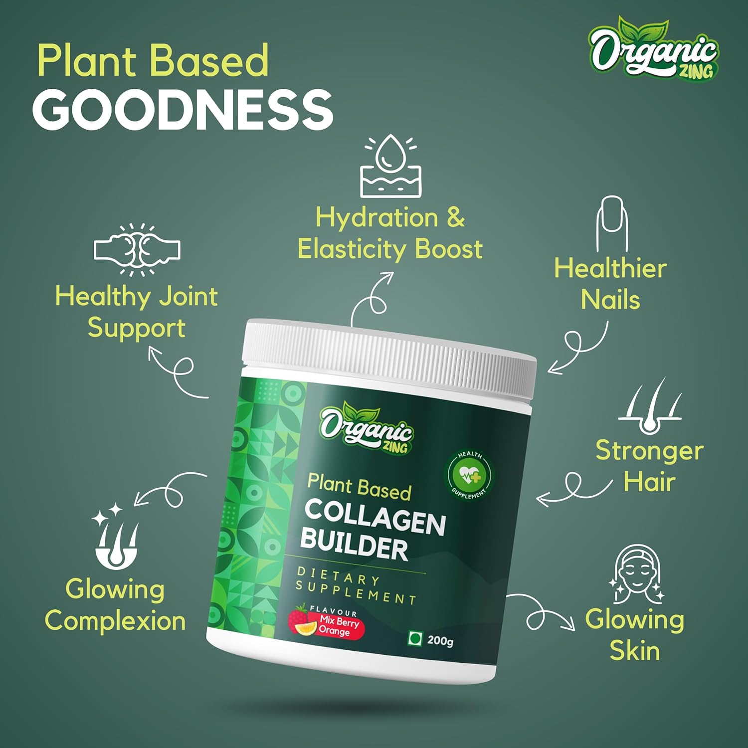 Plant-Based Organic ZING Collagen Powder with Vitamin C for Skin Elasticity & Firmness - Mix Berry Flavour (200g)