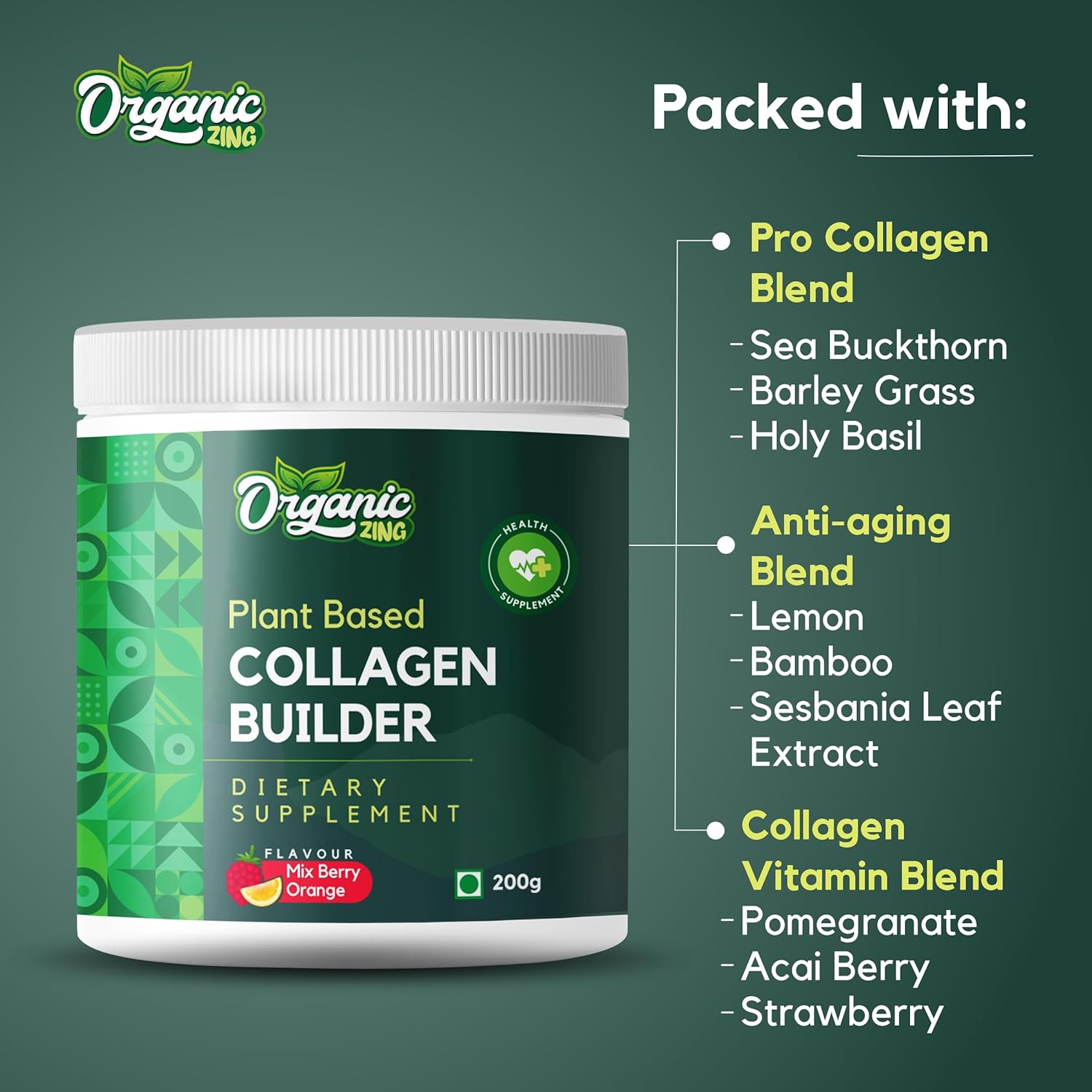Plant-Based Organic ZING Collagen Powder with Vitamin C for Skin Elasticity & Firmness - Mix Berry Flavour (200g)