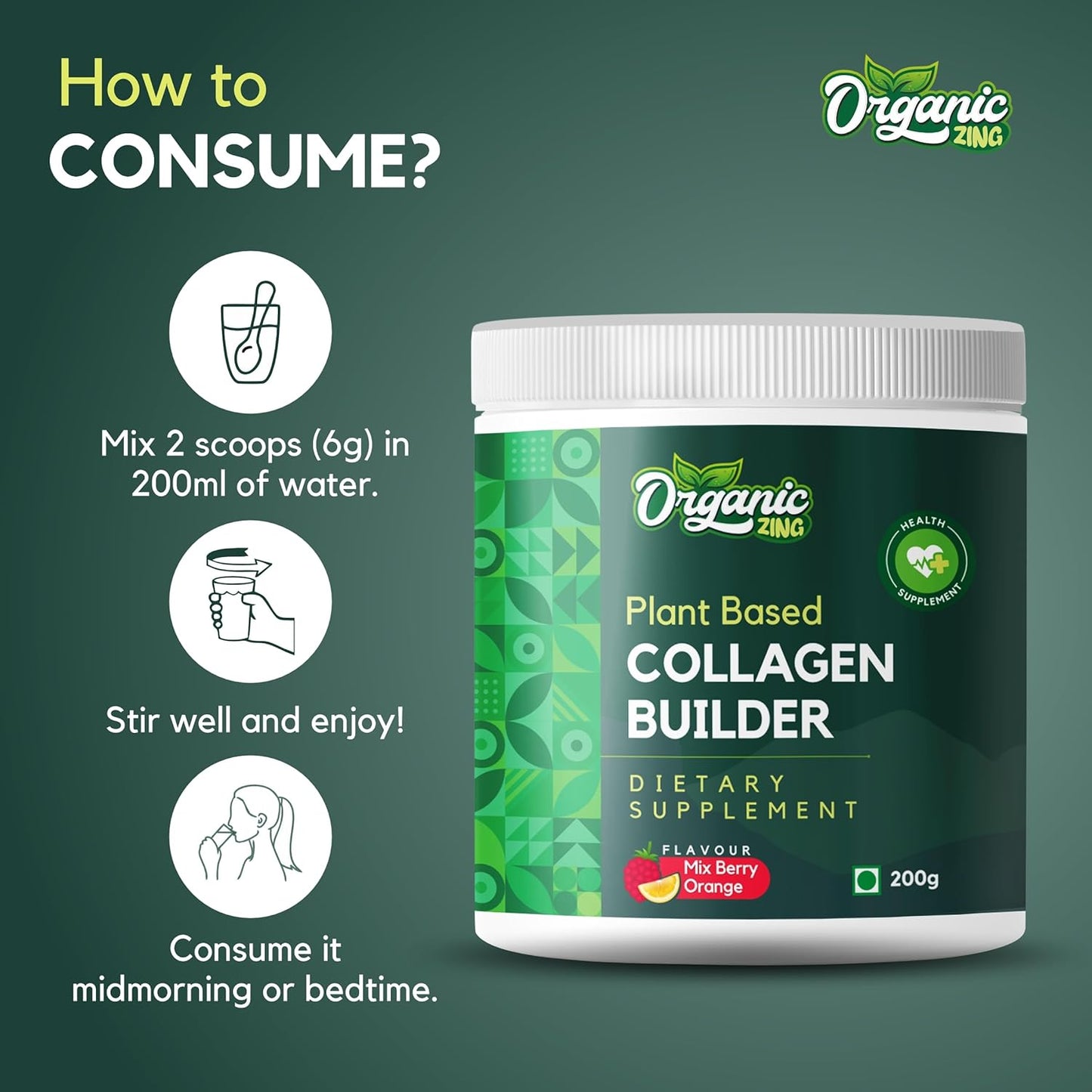 Plant-Based Organic ZING Collagen Powder with Vitamin C for Skin Elasticity & Firmness - Mix Berry Flavour (200g)