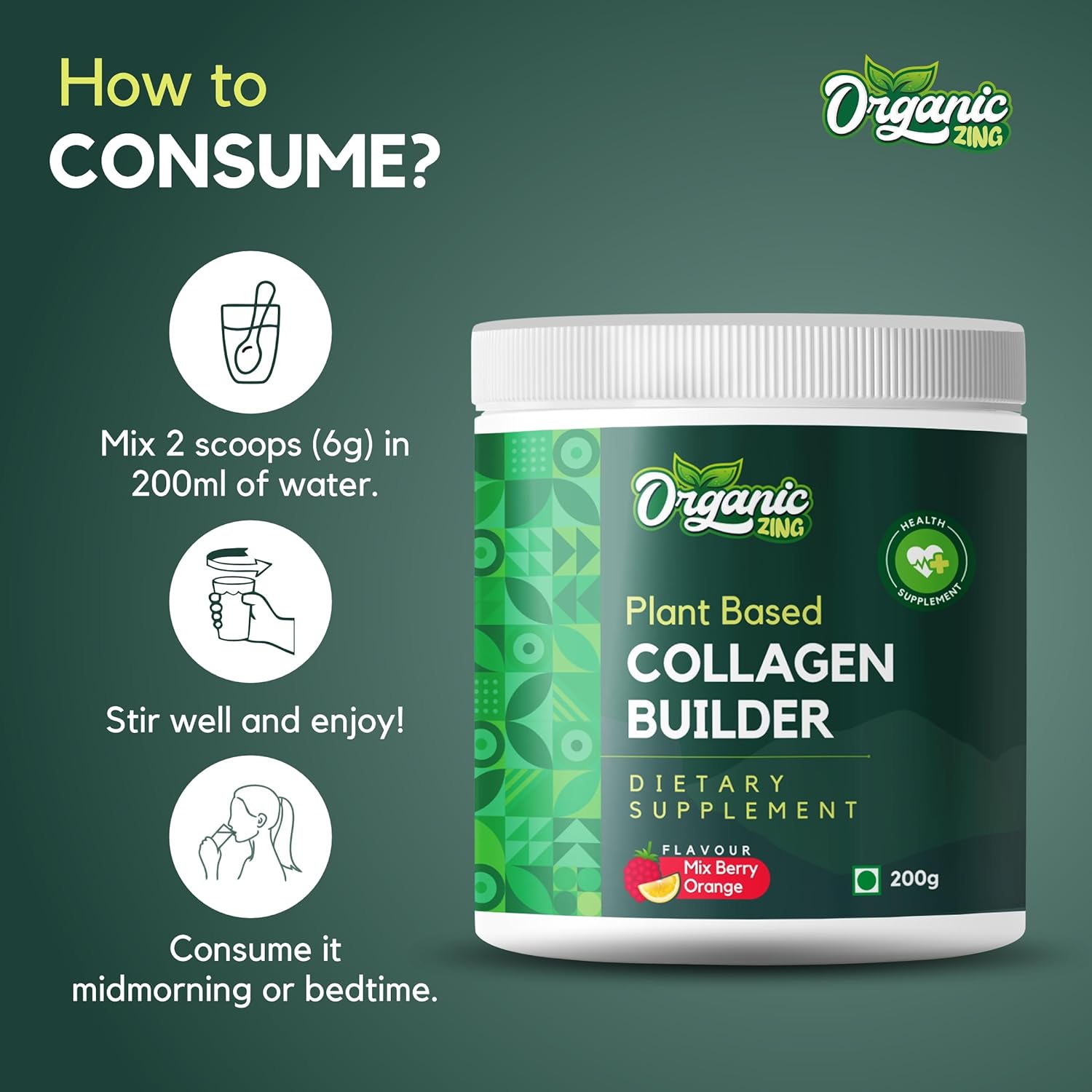 Plant-Based Organic ZING Collagen Powder with Vitamin C for Skin Elasticity & Firmness - Mix Berry Flavour (200g)