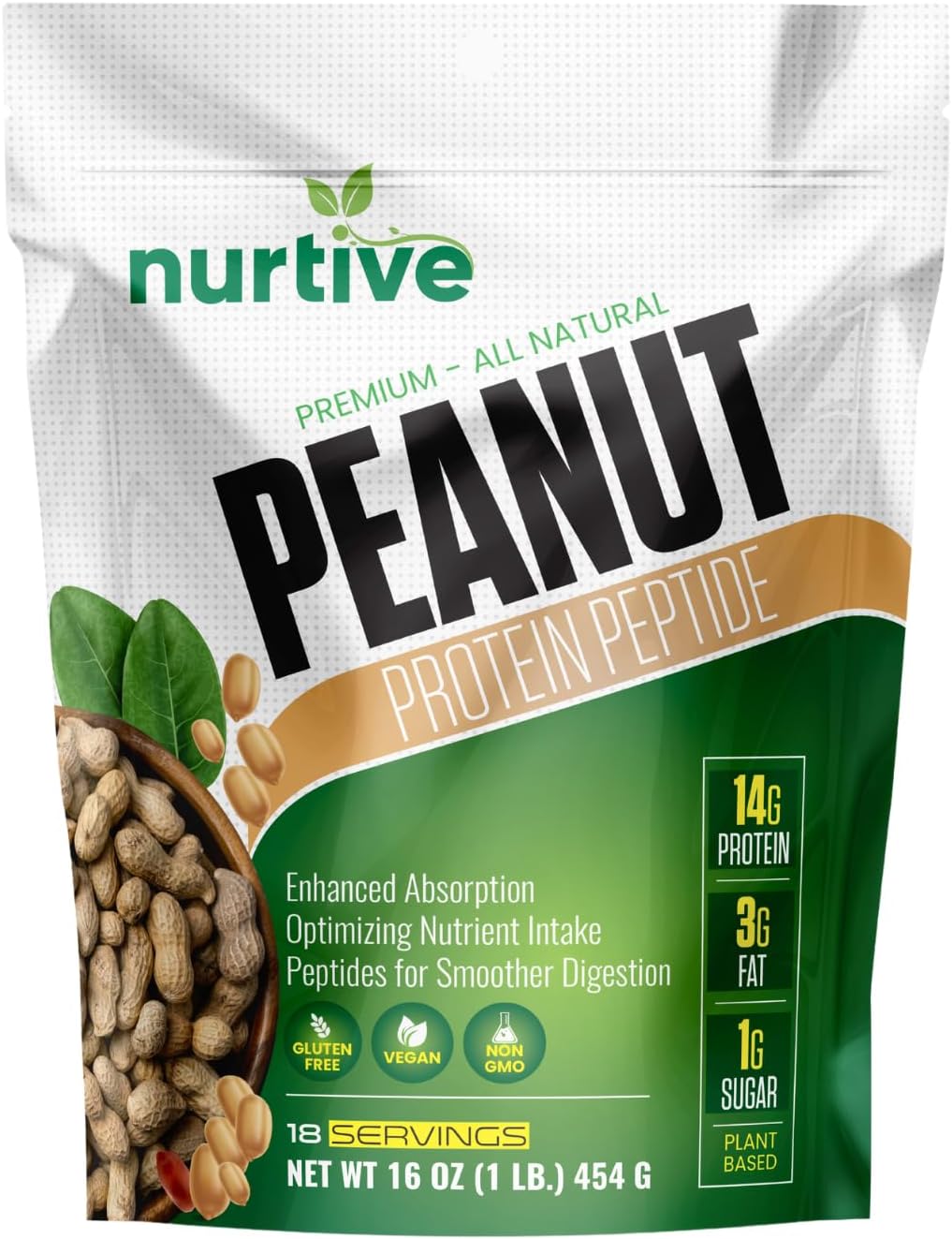 Plant-Based Peanut Protein Peptide Powder for Athletes - Nutrient-Rich & High Fiber - Improved Solubility - 18 Servings (16 oz / 454 g)