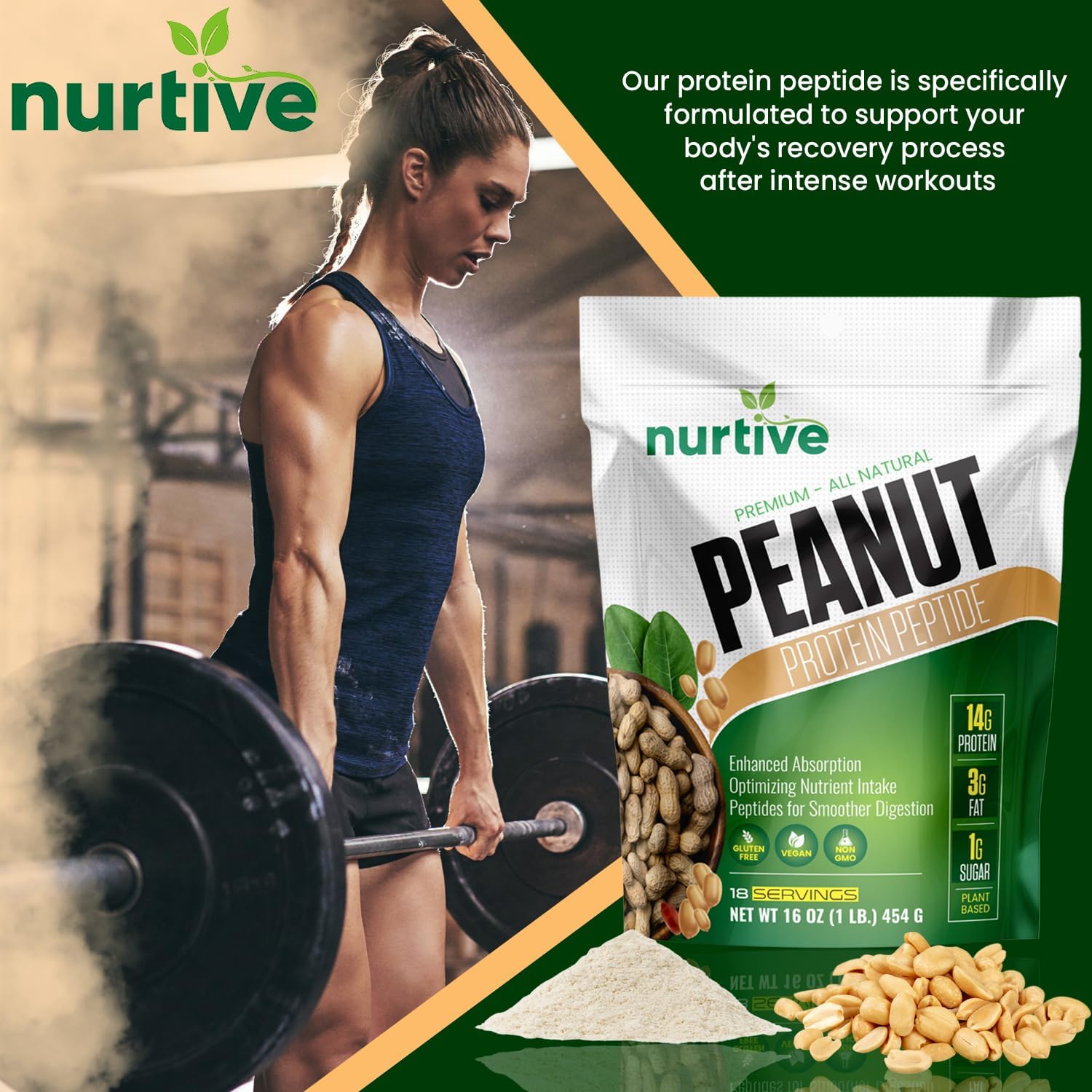 Plant-Based Peanut Protein Peptide Powder for Athletes - Nutrient-Rich & High Fiber - Improved Solubility - 18 Servings (16 oz / 454 g)