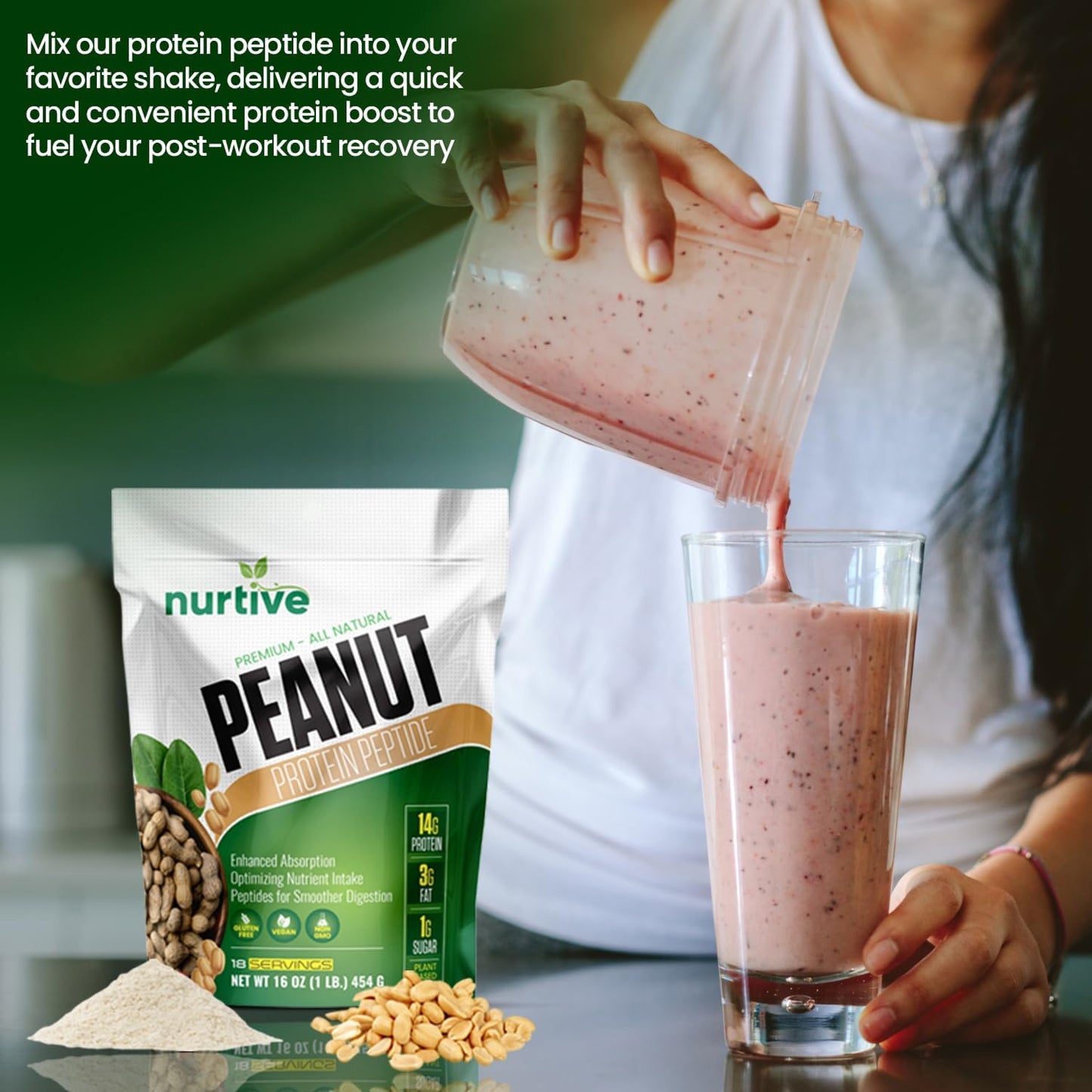 Plant-Based Peanut Protein Peptide Powder for Athletes - Nutrient-Rich & High Fiber - Improved Solubility - 18 Servings (16 oz / 454 g)