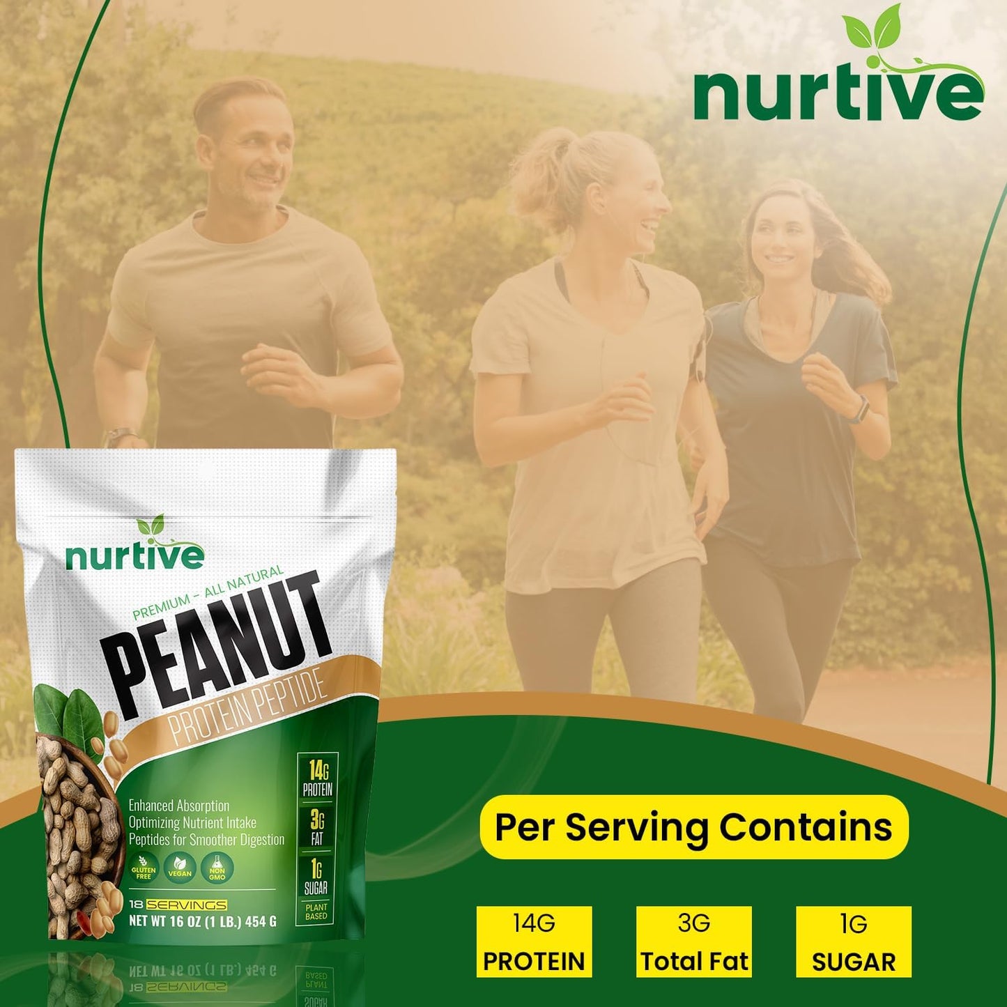 Plant-Based Peanut Protein Peptide Powder for Athletes - Nutrient-Rich & High Fiber - Improved Solubility - 18 Servings (16 oz / 454 g)
