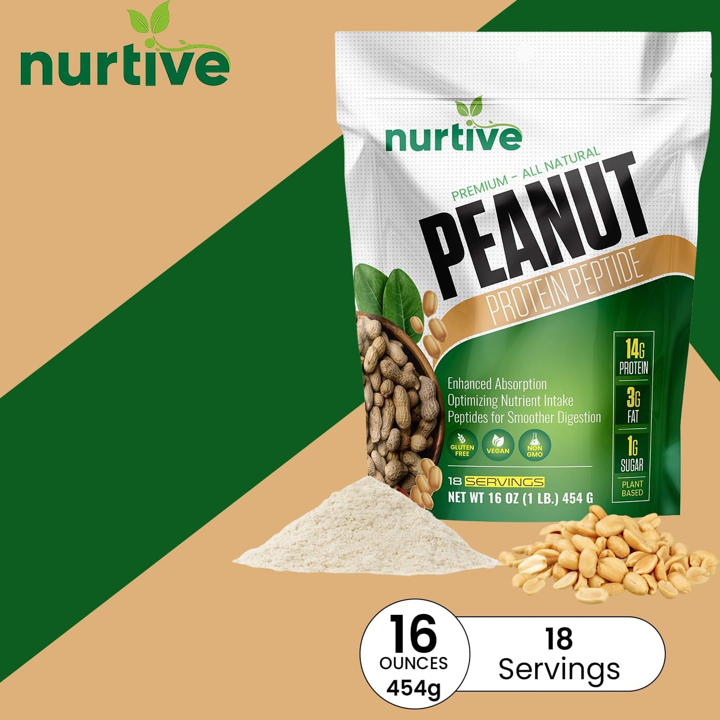 Plant-Based Peanut Protein Peptide Powder for Athletes - Nutrient-Rich & High Fiber - Improved Solubility - 18 Servings (16 oz / 454 g)