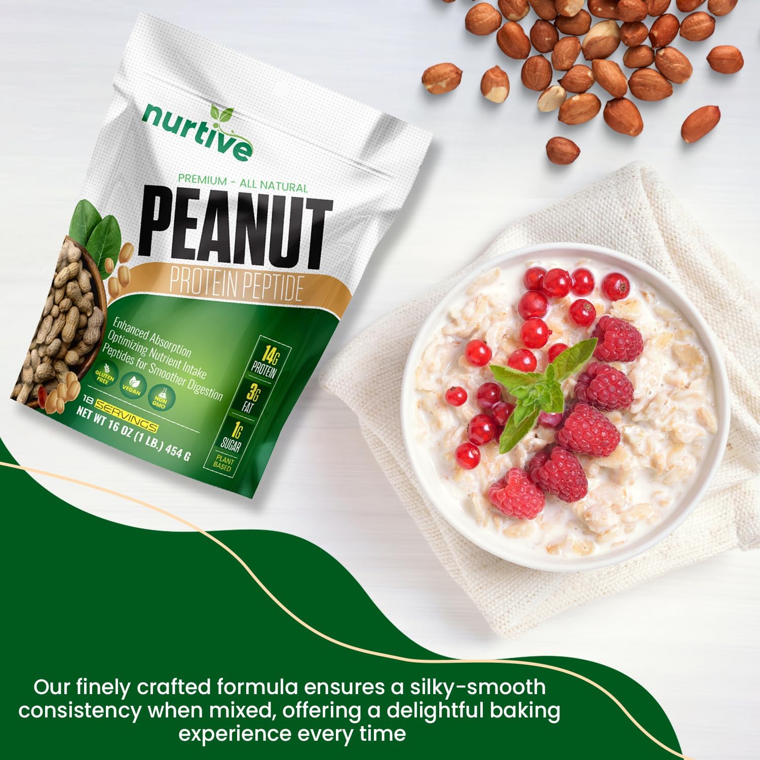 Plant-Based Peanut Protein Peptide Powder for Athletes - Nutrient-Rich & High Fiber - Improved Solubility - 18 Servings (16 oz / 454 g)