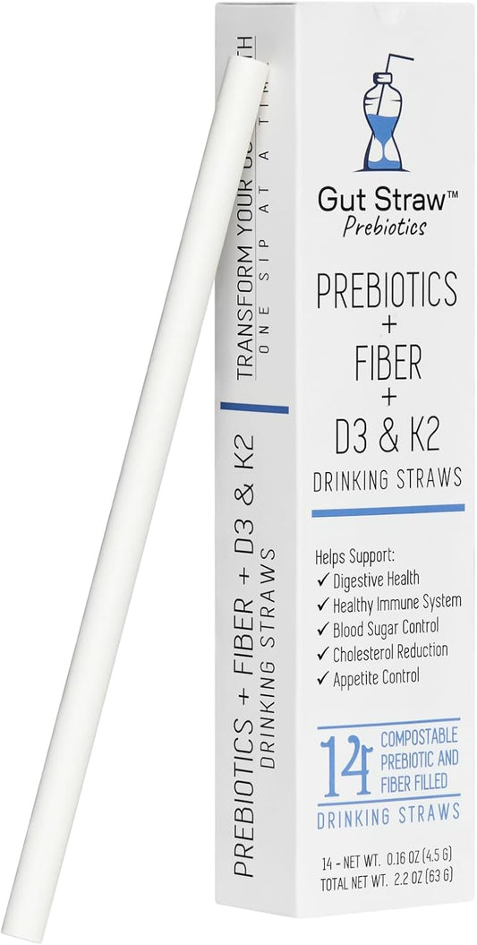 Plant-Based Prebiotic Fiber Drinking Straws with Vitamins D and K2 for Gut Health - Easy-to-Use Straws Packed with Nutrients to Support Healthy Microbiome - 4g Fiber per Straw