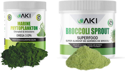 Plant-Based Protein Bundle: AKI Broccoli Sprout Powder (5.29oz) & Marine Phytoplankton Powder (2oz) | Vegan & GMO-Free | Rich in Vitamins