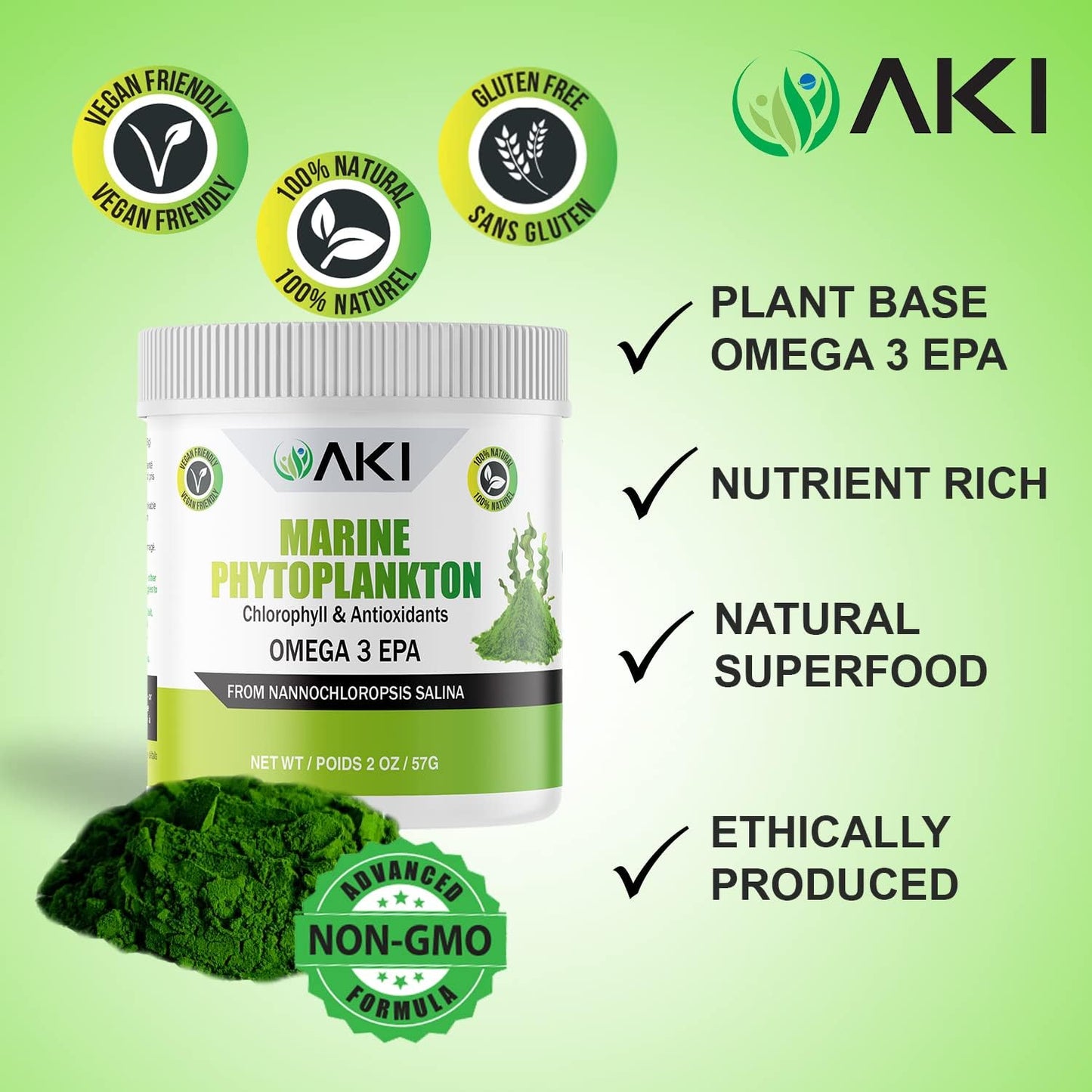 Plant-Based Protein Bundle: AKI Broccoli Sprout Powder (5.29oz) & Marine Phytoplankton Powder (2oz) | Vegan & GMO-Free | Rich in Vitamins