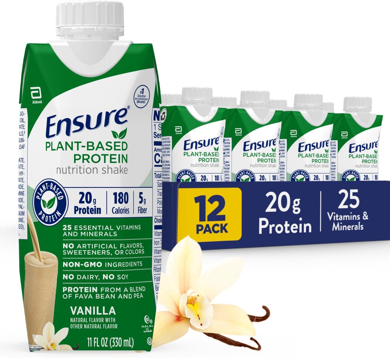 Plant-Based Protein Nutrition Shakes, 20g Fava Bean & Pea Protein, Vanilla & Chocolate, Pack of 12, 11 Fl Oz