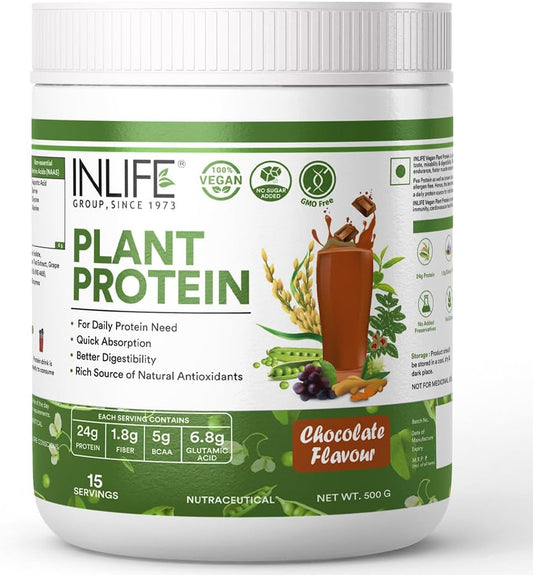 Plant-Based Protein Powder with Pea, Quinoa, Brown Rice - 25g Protein Blend with Ashwagandha, Green Tea, Grape Seed Extract - Chocolate Flavor - 500g Supplement