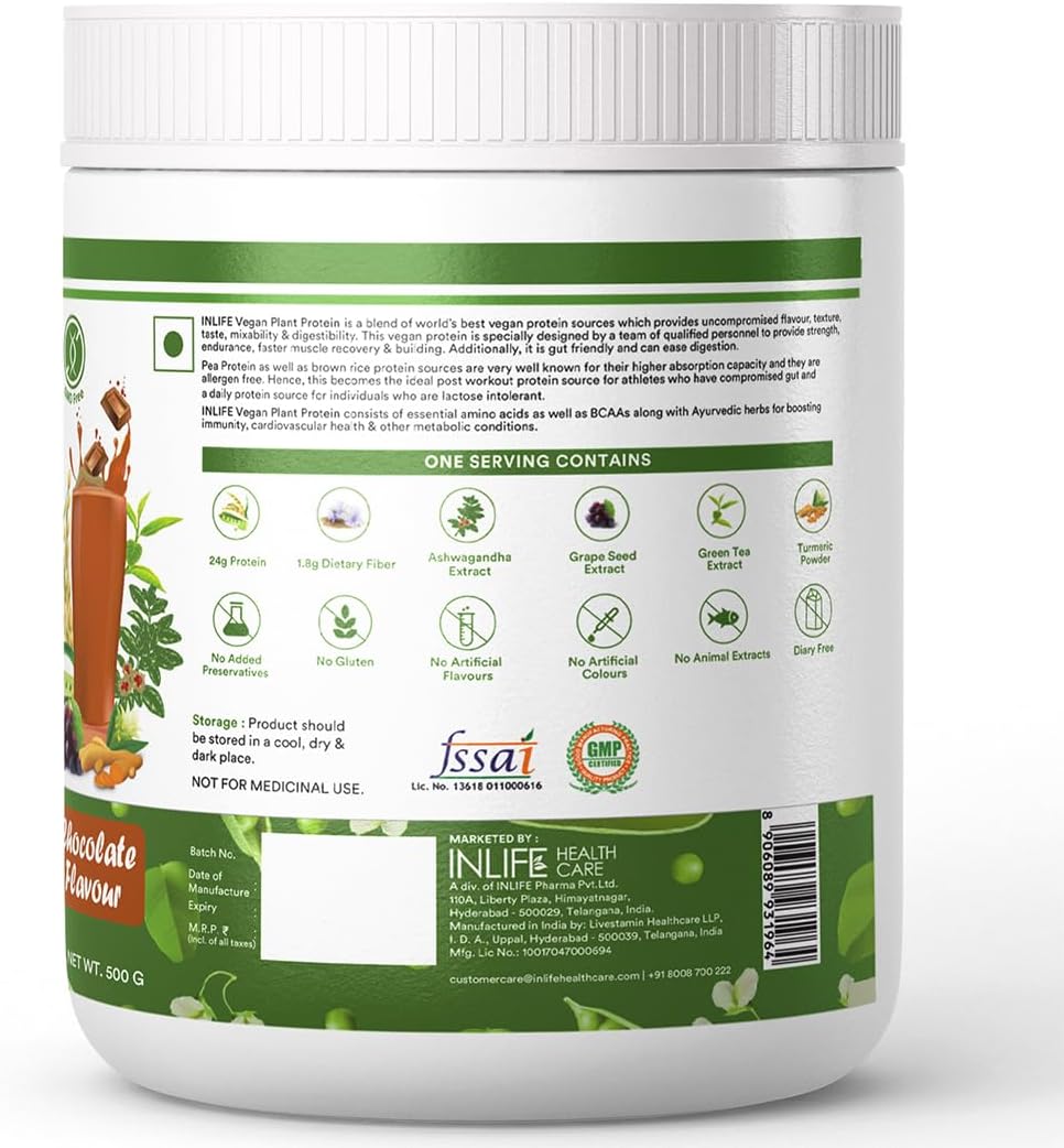 Plant-Based Protein Powder with Pea, Quinoa, Brown Rice - 25g Protein Blend with Ashwagandha, Green Tea, Grape Seed Extract - Chocolate Flavor - 500g Supplement
