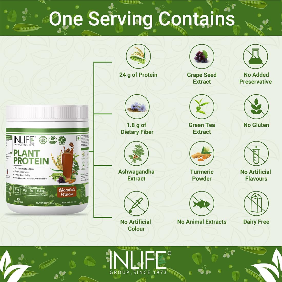 Plant-Based Protein Powder with Pea, Quinoa, Brown Rice - 25g Protein Blend with Ashwagandha, Green Tea, Grape Seed Extract - Chocolate Flavor - 500g Supplement