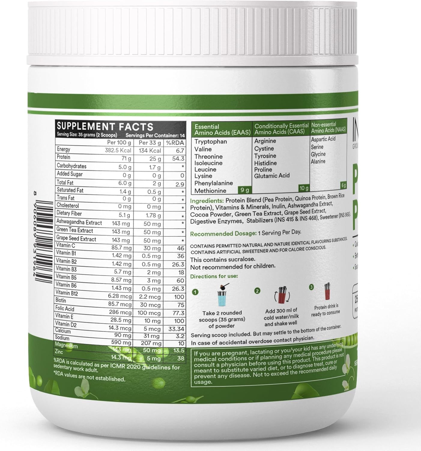 Plant-Based Protein Powder with Pea, Quinoa, Brown Rice - 25g Protein Blend with Ashwagandha, Green Tea, Grape Seed Extract - Chocolate Flavor - 500g Supplement