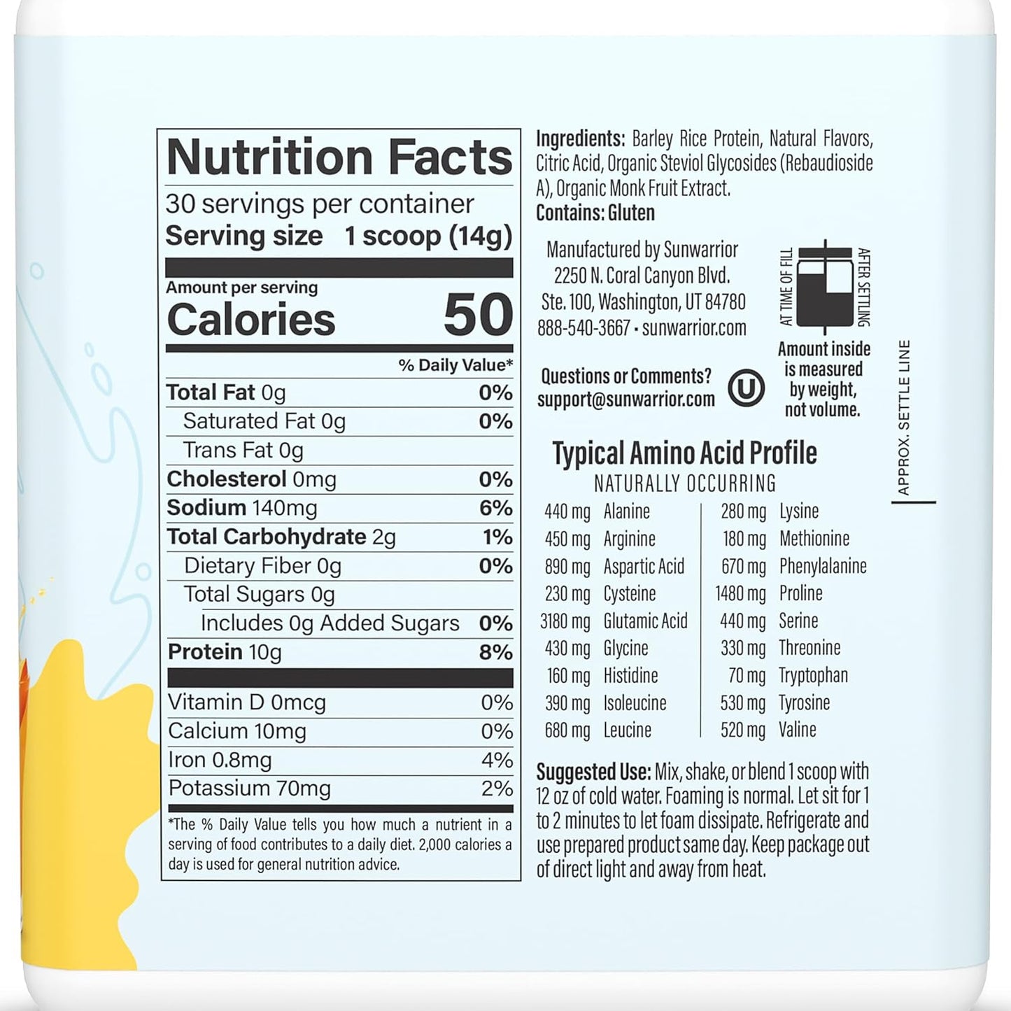 Plant-Based Sunwarrior Clear Protein Powder Water Mix, Vegan Peach Mango Flavored Hydration Supplement - 10g Per Serving, 420g Tub (30 Servings)