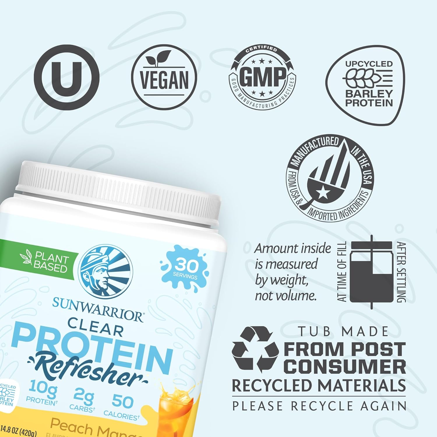 Plant-Based Sunwarrior Clear Protein Powder Water Mix, Vegan Peach Mango Flavored Hydration Supplement - 10g Per Serving, 420g Tub (30 Servings)