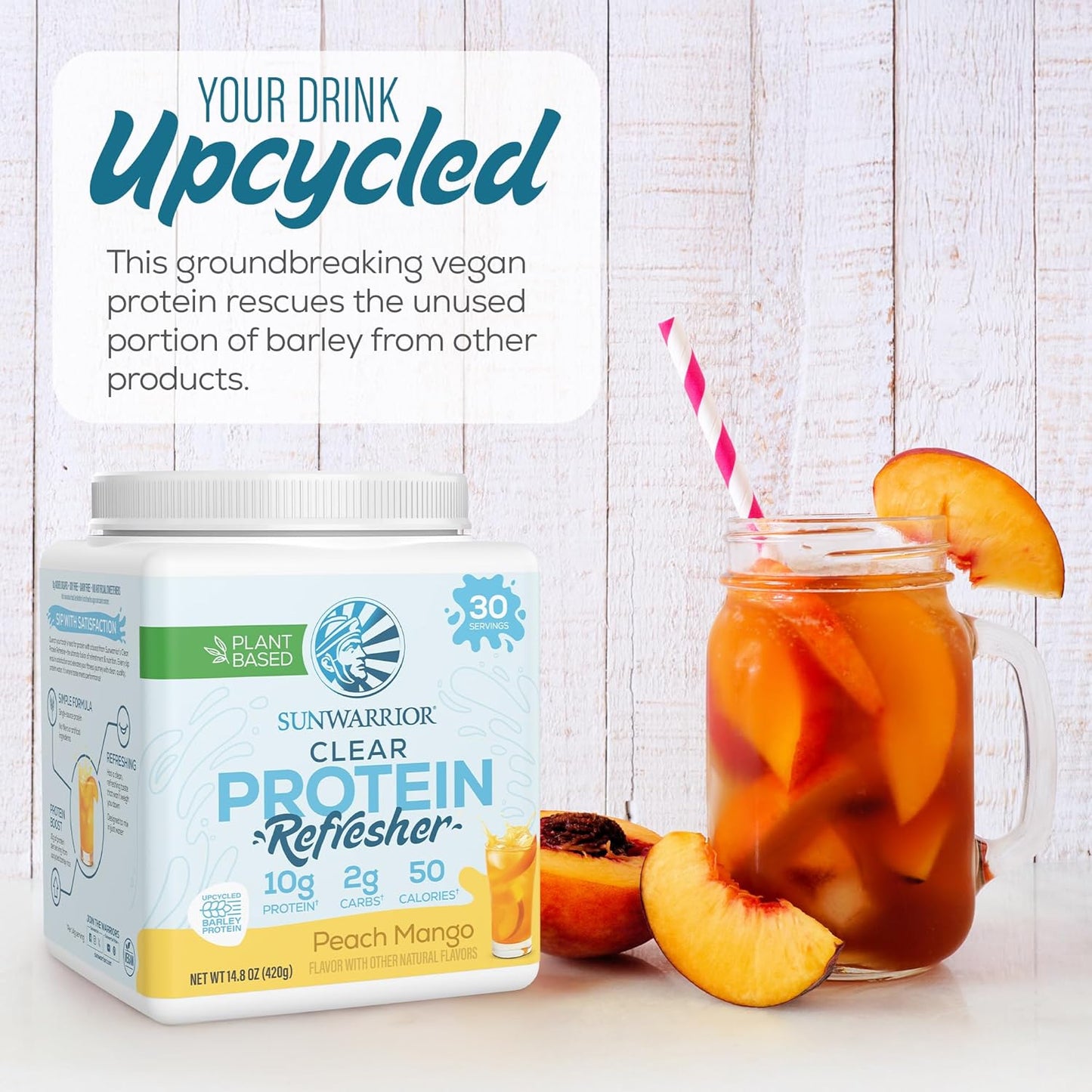 Plant-Based Sunwarrior Clear Protein Powder Water Mix, Vegan Peach Mango Flavored Hydration Supplement - 10g Per Serving, 420g Tub (30 Servings)