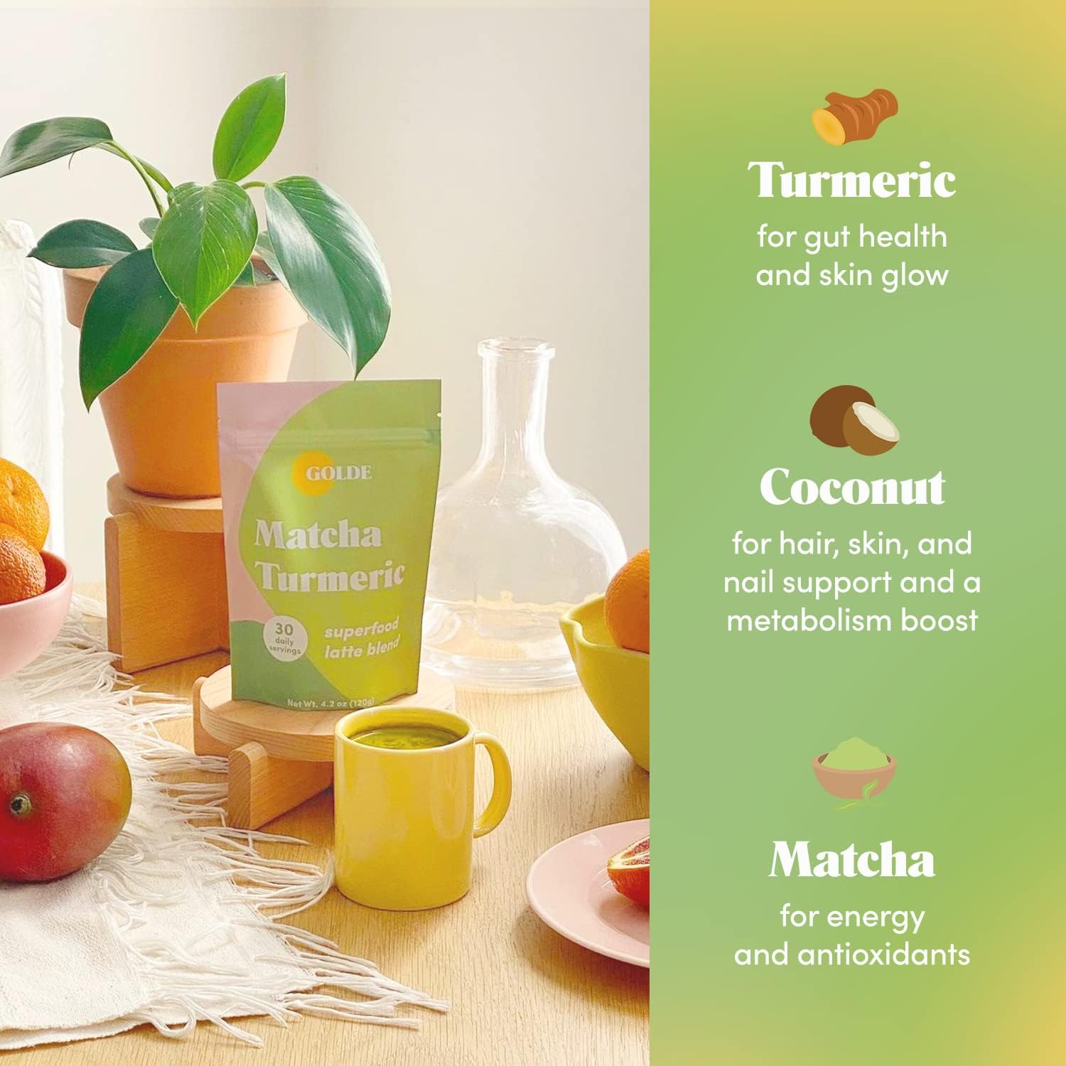 Plant-Based Superfood Latte Blend with Matcha Turmeric - Anti-Inflammatory for Skin, Gut Health, & Stress Balance - 30 Servings