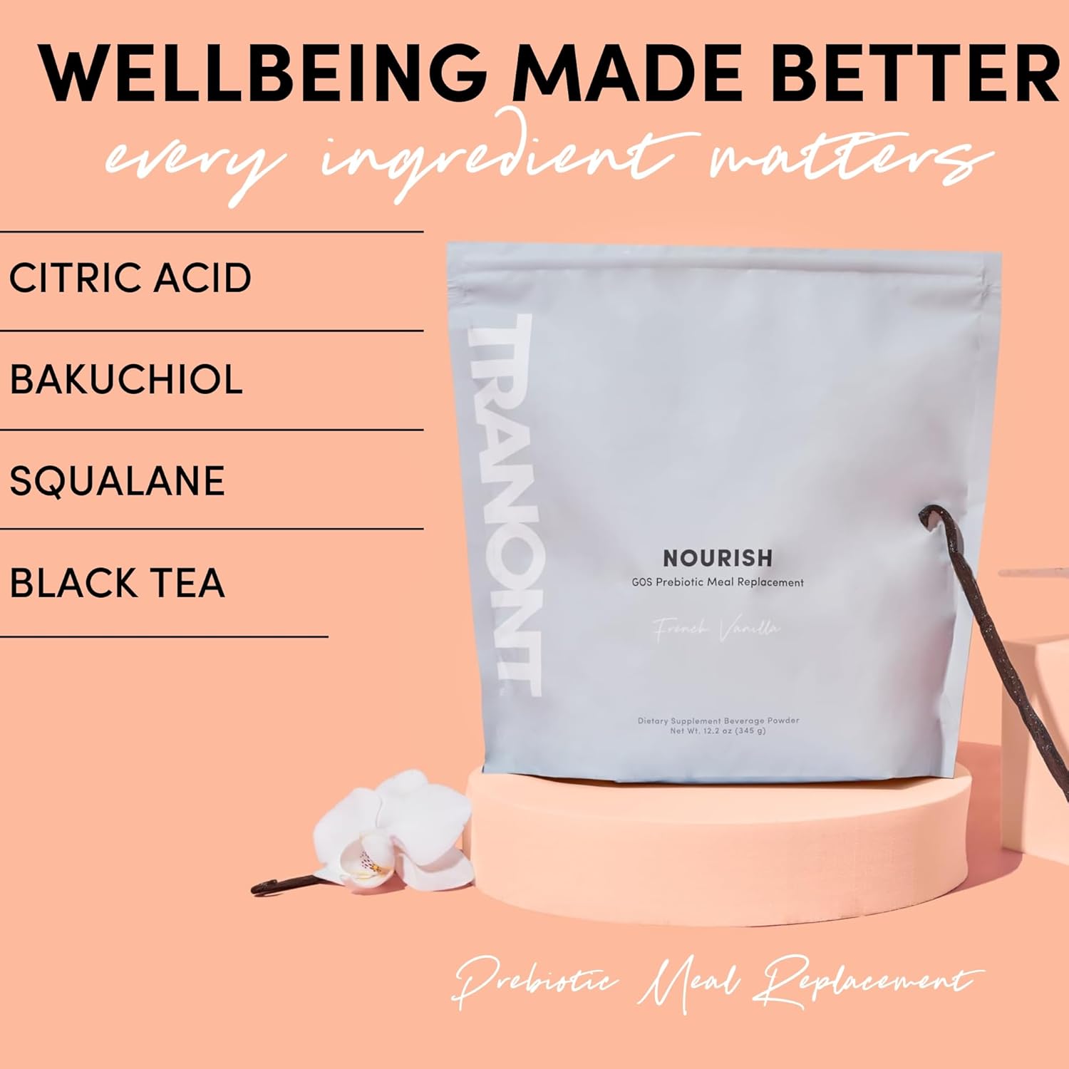 Plant-Based Superfood Protein Powder Mix for Healthy Skin, Digestion, Energy | Tranont Nourish French Vanilla 14.3oz Meal Replacement Shake with Vitamins & Prebiotics