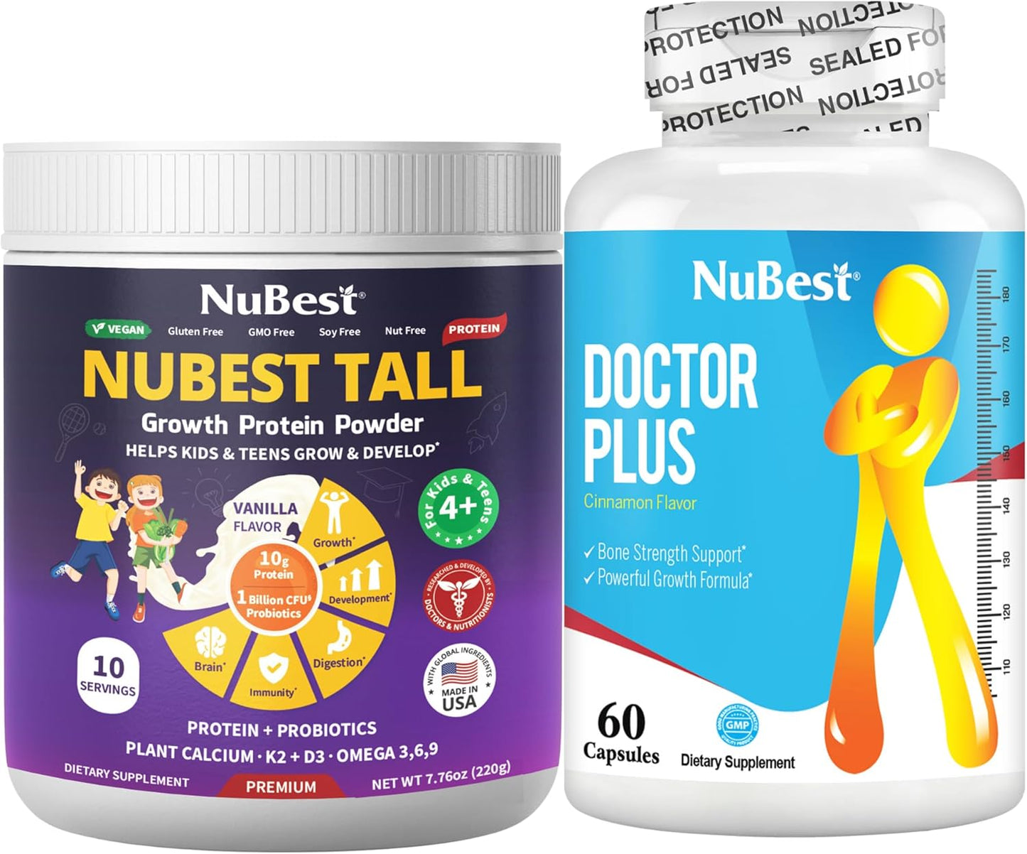 Plant-Based Vanilla Protein Powder & Bone Strength Formula Bundle - Immunity, Wellness, and Growth Support - 10 Servings Protein Powder & 60 Capsules Bone Strength Supplement