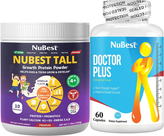 Plant-Based Vanilla Protein Powder & Bone Strength Formula Bundle - Immunity, Wellness, and Growth Support - 10 Servings Protein Powder & 60 Capsules Bone Strength Supplement